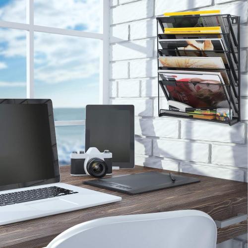 samstar 2 Pack Wall File Organizer, 6-Tier Wall Mount Paper Holder Vertical File Rack, Mesh Metal, for Office Home, Black