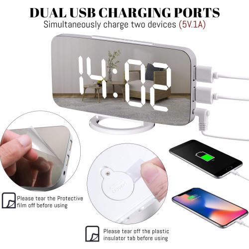 Digital Alarm Clock, Mirror LED Desk Clock with Large Display, White