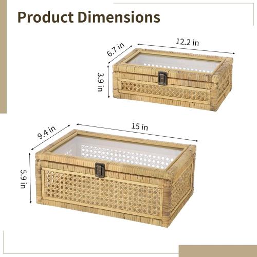 Rattan Decorative Boxes with Glass Lids, Set of 2 Large Rectangular Woven Wicker Display Baskets, Boho Handcrafted Storage Bins for Shelf & Home Decor