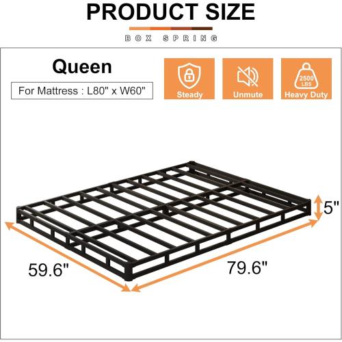 EMODA 5 Inch Box Spring Queen Size Bed Base, Heavy Duty Metal Queen Mattress Foundation with Fabric Cover, Easy Assembly, Black