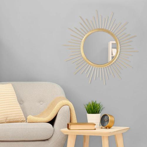 Large Gold Spoked Sunburst Wall Mirror Boho Home Decor Round Wall Art Mirror Modern Metal Mirrors for Wall Living Room Vanity Bathroom Bedroom Hallway Balcony Entryway 20