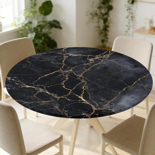 Round Fitted Tablecloth with Elastic Edge Design Table Cover Waterproof Stain-Resistant Wipeable Table Cloth Best for 45-48 Round Tables for Outdoor/Indoor Black Marble