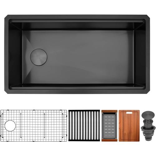 Black Undermount Kitchen Sink,16 Gauge Stainless Steel Sinks,Single Bowl Workstation Sink,Modern Kitchen Sink Offset Drain (33 X 18)