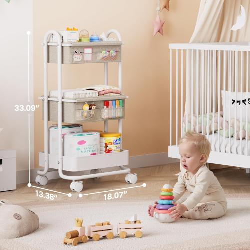 Baby Diaper Caddy Organizer Cart - 3 Tier Rolling Storage Cart with Wheels, Baby Essentials Nursery Storage, Detachable Dividers - for Crib, Bedroom, Art & Craft Organizer (Off White)