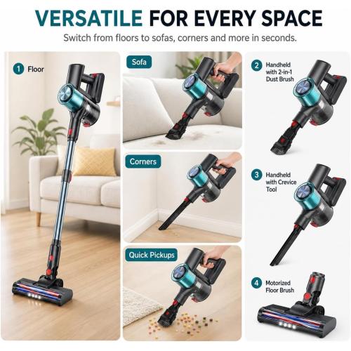 Cordless Vacuum Cleaner, Stick Vacuum for Pet Hair & Hardwood Floor, Self-Standing Rechargeable Vacuum with Smart LED Display, Lightweight Battery Powered Vacuum for Home, Dorm, & Dog Hair