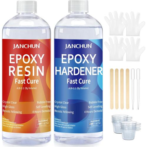 JANCHUN Crystal Clear Epoxy Resin Kit 16oz, Bubble-Free, Anti-Yellowing, Self Leveling Easy Mix 1:1 Coating and Casting Resin for Table Top, Molds, Tumbler Crafts, Painting, Jewelry, DIY Gifts