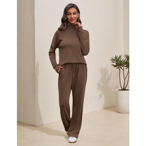 Large - Totatuit Womens Sweatsuits 2 piece Set Lapel Half Zip Lightweight Sweatshirts and Wide Leg Pants Tracksuit Lounge Sets