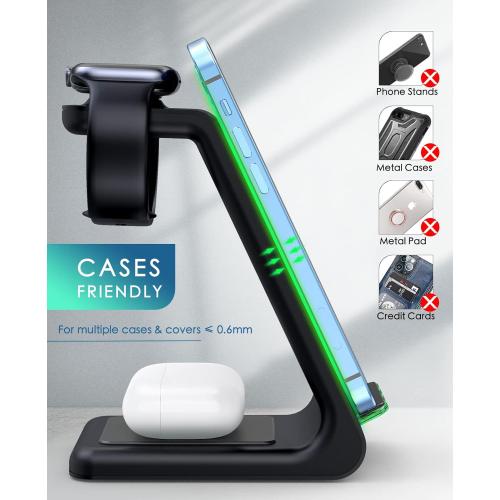 3 in 1 Wireless Charging Station, 2026 Upgraded Fast Desk Charger Station for iPhone 17 16 15 14 13 12 Pro Max Plus, Charger Stand for Apple Watch 10 9 8 7 6 5 4 3 2 SE, Airpods 4 3 2 Pro(Black)