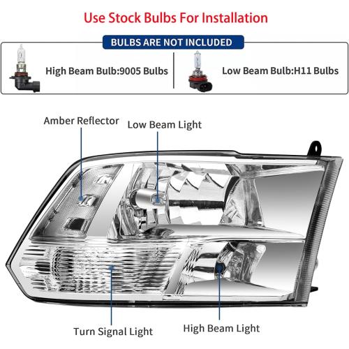 Pair Headlights Assembly Set For 2009 2010 2011 2012-2018 Dodge Ram 1500 2500 3500 5500 ST SXT SLT Pickup/2019-2022 Ram 1500 Classic Truck Replacement Headlamps Chrome Housing Clear Lens LH&RH