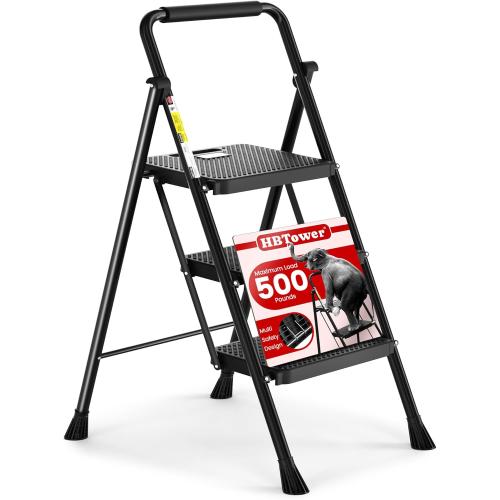 HBTower Step Ladder, Folding Step Stool with Wide Anti-Slip Pedal, Sturdy Steel Ladder, Convenient Handrail, Lightweight, Portable Steel Step Stool