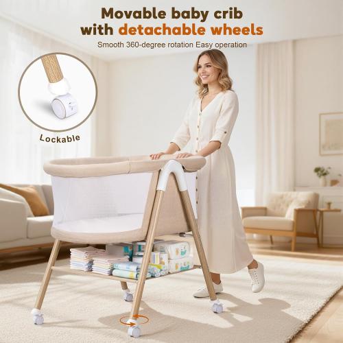 Uuoeebb Baby Bassinet, Bassinet Bedside Sleeper, Upgrade Safety Bedside Bassinet for Baby with 360° Silent Wheels, Storage Tray Basket, Breathable Mesh, Easy Move, Easy to Install,Khaki