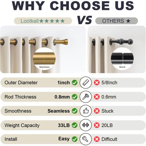 Warm Gold Curtain Rods for Windows 72 to 144 Inches Adjustable Length Heavy Duty 1 Diameter Brass Bronze Long Window Curtain Rod with Solid Metal Finials for Outdoor Farmhouse Bedroom Living Room