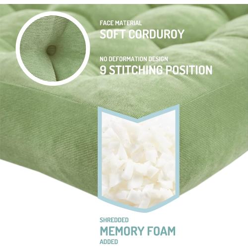 Meditation Floor Pillow Set of 2, Square Large Pillows Seating for Adults, Tufted Corduroy Cushion for Living Room Tatami, Green