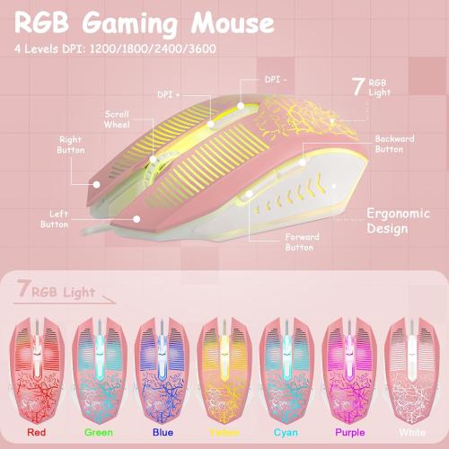 CHONCHOW Pink Gaming Keyboard and Mouse Combo with led, 104 Keys Wired Light Up Keyboard and Colorful Mouse for PC Laptop Computer PS4 Xbox, 19 Keys Anti-Ghosting, Multimedia Keys, Number Pad