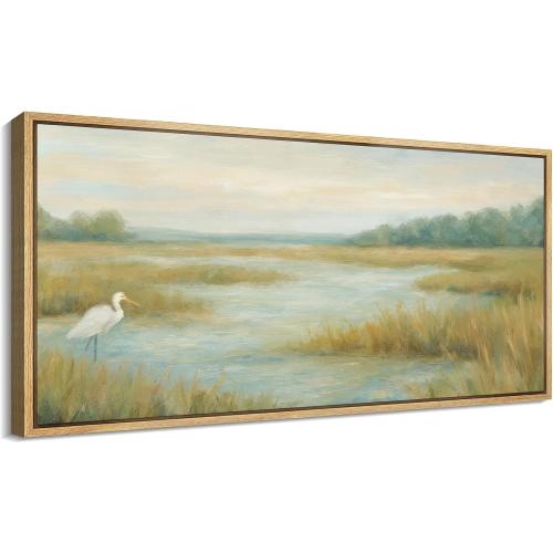 MUDECOR Extra Large Framed Canvas Print Wall Art Coastal Marsh Egret Landscape Tranquil Wetland Illustrations Decorative Multicolor for Bedroom