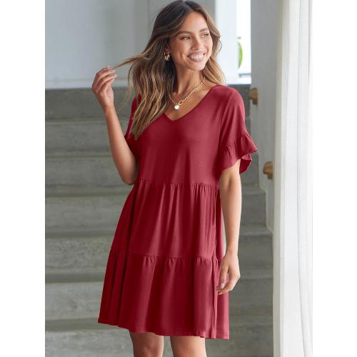 Size M ANRABESS Dresses for Women Summer 2026 V Neck Ruffle Sleeve A Line Tiered Flowy Casual Trendy Mini Beach Dress with Pockets
