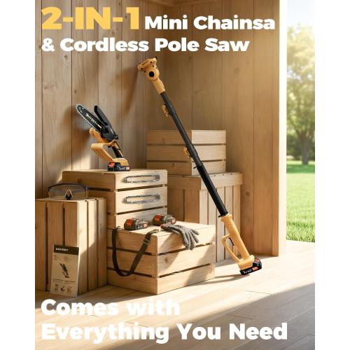 Cordless Pole Saw & Mini Chainsaw, 2-in-1 Lightweight Electric Pole Saw for Tree Trimming, Battery Powered with Brushless Motor, 2x2.0Ah Batteries (SN3014)