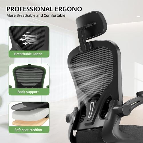 Office Chair Ergonomic Desk Chair, 330LBS Capacity, High Back Computer Chair for Long Hours Comfortable, Rolling Swivel Executive Task Chair for Home Office with Flip-up Armrests, Black