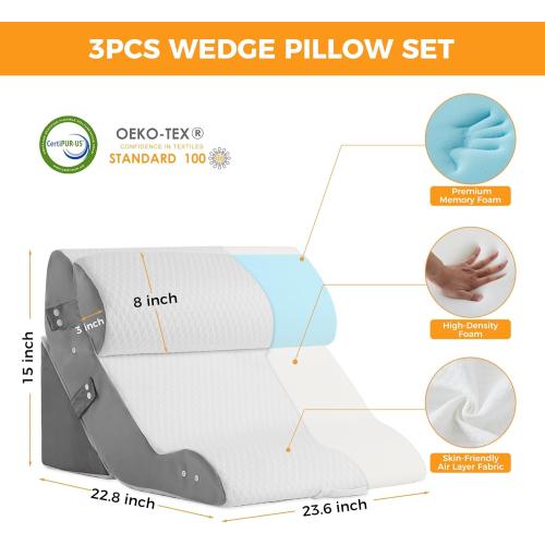 Ruqmuis 3PCS Wedge Pillow Set for After Surgery, Adjustable Back Pillow for Bed Sitting up, Acid Reflux, Bed Wedge Pillow Headboard for Sleeping & Snoring, Orthopedic Pillow for Post Surgery, White
