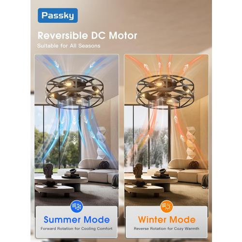 Black 20 Fandelier Ceiling Fan with Light, Caged Bladeless Ceiling Fans with Remote, Farmhouse Flush Mount Fan for Bedroom, Kitchen, Living Room, Black