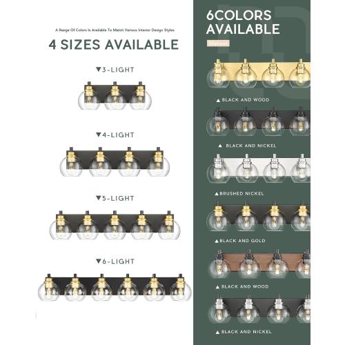METWET Bathroom Light Fixtures, 3-Light Black and Gold Bathroom Vanity Light, Modern Wall Sconces with Globe Clear Glass Shade, Vanity Lighting Fixtures Over Mirror, VL195-KG-3