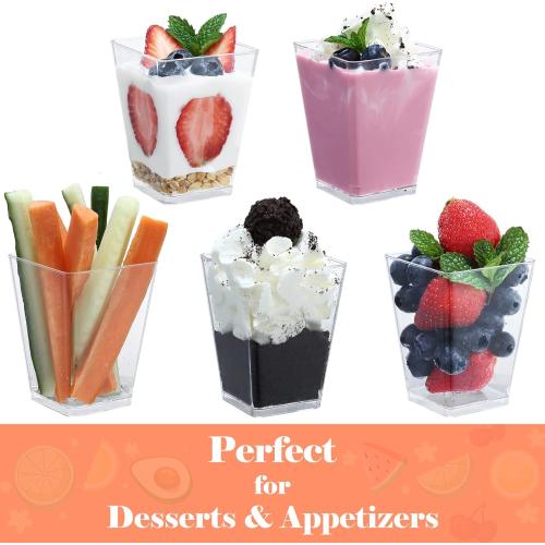 200Pack Clear SHOPDAY 5Oz-Plastic-Dessert-Cups: 200 Pack Square-Clear-Parfait-Cup-with-Spoons, Appetizer-Cup Small-Plastic-Mini-Shooter-Cups for Party Yogurt Mousse