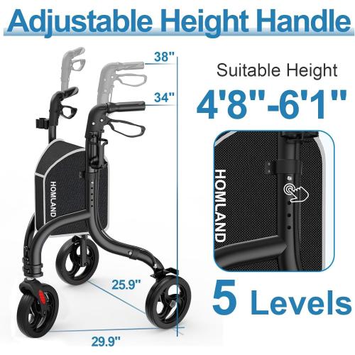 3 Wheel Walkers for Seniors, Foldable Wheeled Rollator with Cane Hold and Cup Hold, Lightweight Three Wheel Rolling Walker Height Adjustable for Seniors