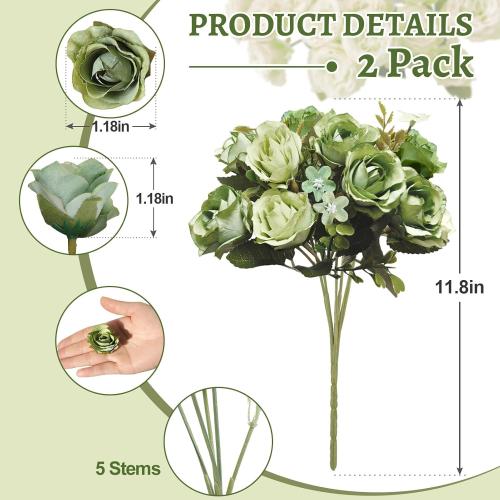 5 Stems 10 Heads Artificial Flowers Small Roses with Leaf Bouquet for Valentines Decoration Kitchen Wedding Office (2 Pack, Green)