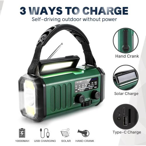 10000mAh Hand Crank Emergency Radio, NOAA Weather Radio with AM/FM & solar Radio, Rechargeable Battery, Flashlight & Reading Light, SOS Alarm, Compass Cell Phone Charger for Indoor Outdoor Emergencies
