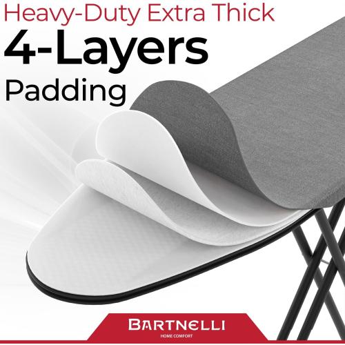 Bartnelli Ironing Board Made in Europe | Iron Board with 4 Layered Cover & Pad, Height Adjustable up to 36 Features A Safety Iron Rest, 4 Steel Legs, for Home Laundry Room or Dorm Use (43x14)
