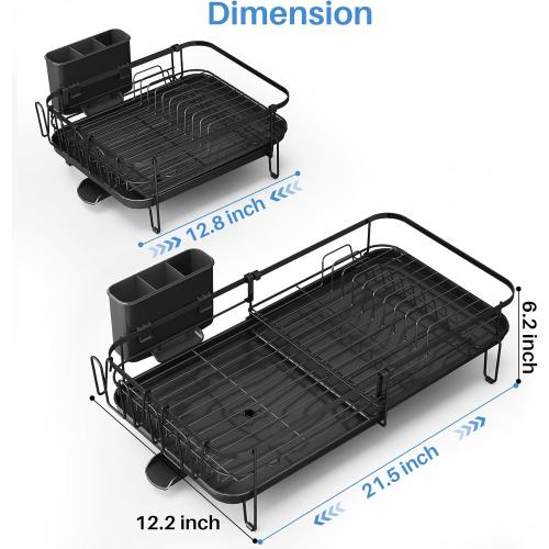 SNTD Large Dish Drying Rack - Expandable Dish Rack for Kitchen Counter, Stainless Steel Dish Drainer Rack with Utensil Holder and Cup Holder, Black