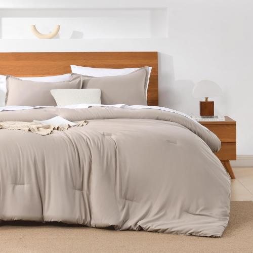 Andency California King Comforter Set - 7 Pieces Bed in a Bag Cal King Bedding Comforter Sets Oatmeal, Winter Solid Soft Lightweight Comforter with Fitted Sheets, Flat Sheets, Pillowcases & Shams