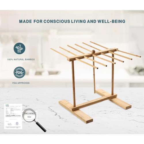 Bamboo Pasta Drying Rack with Transfer Wand and 12 Bars, Easy to Transfer for Drying Pasta and Cooking, Special Suspension Design for Large Storage