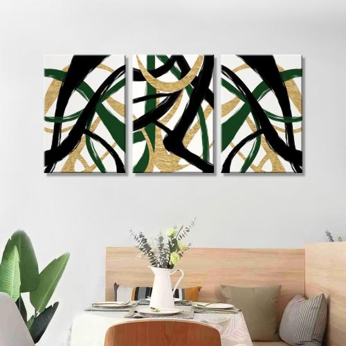 3Pcs Framed work Abstract Lines Canvas Wall Art Modern Black, Green, Gold Geometric Brushwork Prints Posters Abstract Line Images Framed gallery packaging artwork for living room prints, bedroom, office, and home decor 12X16Inch