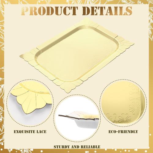 Honeydak 4 Pcs Gold Rectangle Serving Trays Heavy Duty Disposable Paper Cardboard Serving Platter for Food Tea Fruit Trays Cupcake Display Dessert Table Decorations Birthday Party Supplies