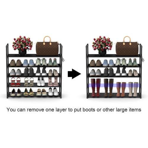 Hsscblet 5 Tiers Metal Shoe Rack,Adjustable Shoe Shelf Storage Organizer with Hooks,Stackable Boot & Shoe Storage,for Entryway,Hallway,Closet,Black