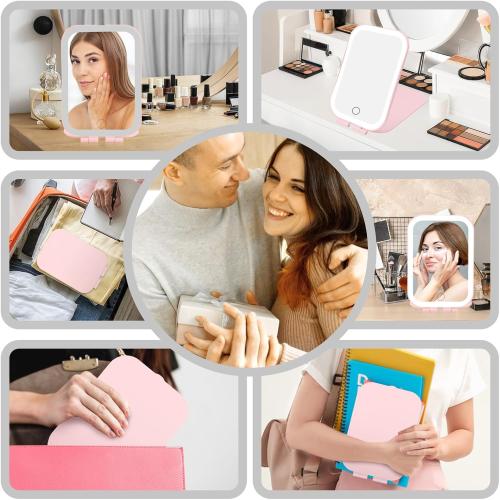 Travel Mirror with Light, Rechargeable Portable Makeup Mirror with Battery-Powered, 3 Colors LED Lighting, Dimmable Touch Screen Vanity Lighted Mirror