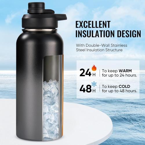 32 oz Insulated Water Bottle with Handle, 304 Stainless Steel Water Bottles with Wide Mouth, Double Wall Vacuum Sports Water Bottle, BPA Free, Keep Cold and Hot, Black/Gray