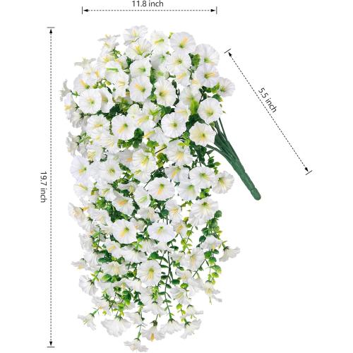 Artificial Faux Hanging Flowers Plants for Outdoor Decor,2 PCS Fake Silk Morning Glory with Eucalyptus UV Resistant Realistic Trailing Vines for Wall Home Porch Patio Balcony Yard Indoor Decor,White