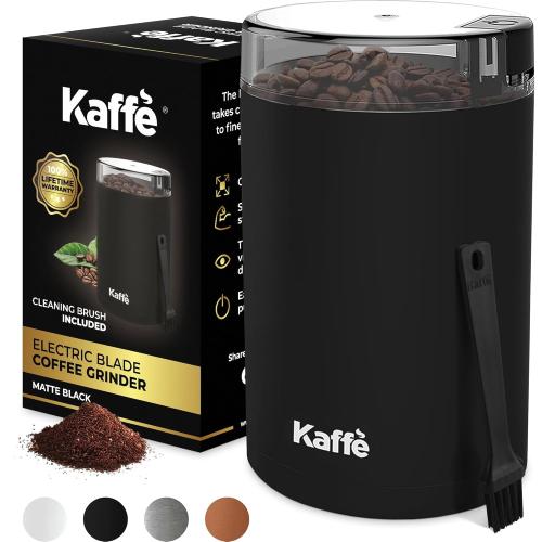 Kaffe One-Touch Coffee Grinder Electric w/Cleaning Brush (3 oz) - Coffee Grinders for Home Use - Up to 12 Cups of Coffee per Grind - Easy On/Off Coffee Bean Grinder - Matte Black