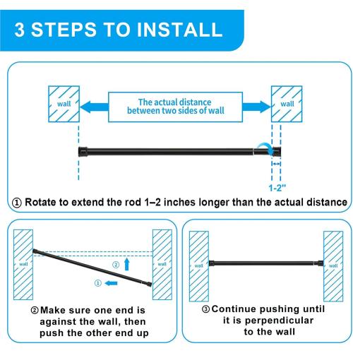 No Sectional Assembly Shower Curtain Rod 56-104 Inch, 1 Diameter Spring Long Adjustable Tension Curtain Rods for Bathroom Windows Closet No Drilling No Rust, Black