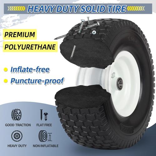 15x6.00-6 Flat Free Lawn Mower Tire and Wheel, 15x6-6nhs Riding Mowers Lawn Tire and Wheel with 3/4 Bearing, 3 Centered Hub, 2 Pack
