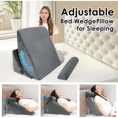Bed Wedge Pillow Set for Post Surgery, 3PCS Wedge Pillow for Acid Reflux Relief, Adjustable 7 &12 inch for Sleeping, Headboard, Back Pain Relief, Back Pillow for Bed Sitting Up, Grey
