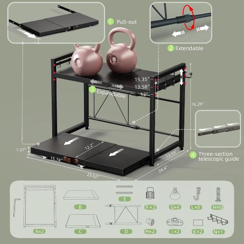 NETEL Expandable Microwave Stand countertop,2 Tier Metal Kitchen Countertop Organizer Shelves with 8 Hooks,Bakers Rack,Microwave Shelf with Drawers and Cup Holders,55lbs Weight Capacity,Black