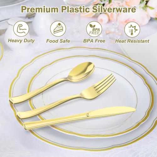 200 Count Heavy Duty Gold Plastic Silverware, 100 Forks, 50 Spoons, 50 Knives, BPA-Free, Heat Resistant, Disposable Plastic Utensils Set Cutlery Set, Plasticware Bulk