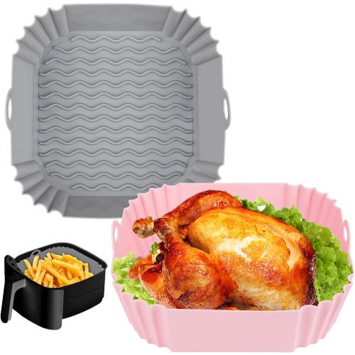 2 PCS Square Silicone Air Fryer Liners - 8 Inch Air Fryer Reusable Liners - Kitchen Accessories - AirFryer Inserts for 4 to 7 QT Oven Microwave Accessories (Grey   Pink)