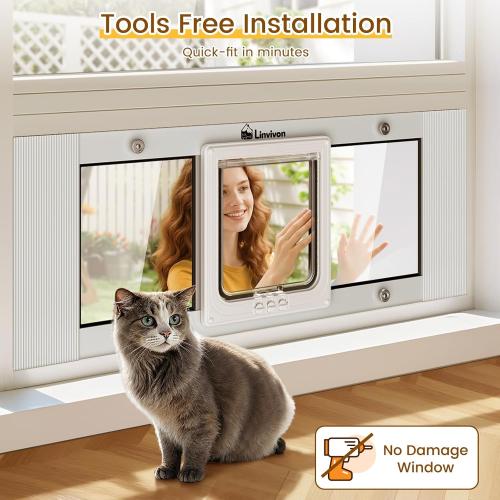 Cat Door for Window, Quick Installation Adjustable Width of 23-28, Cat Window Door with 4 Locking Modes, Magnetic Closure Design, Weatherproof Aluminum Frame Cat Door Window Insert