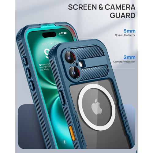 Lanhiem Magnetic for iPhone 16 Plus Case, IP68 Waterproof Dustproof Case, [Compatible with Magsafe] [Built-in Screen Protector] Full Body Heavy Duty Rugged Phone Cover 6.7 inch, Blue/Clear