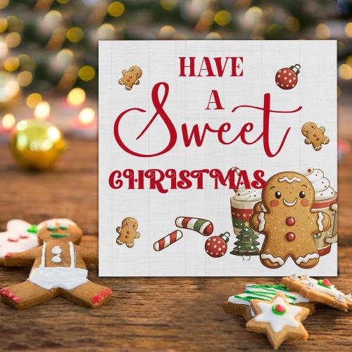 Farmhouse Christmas Wooden Block Sign - Gingerbread Decor for Table or Shelf - 5 x 5 Inch