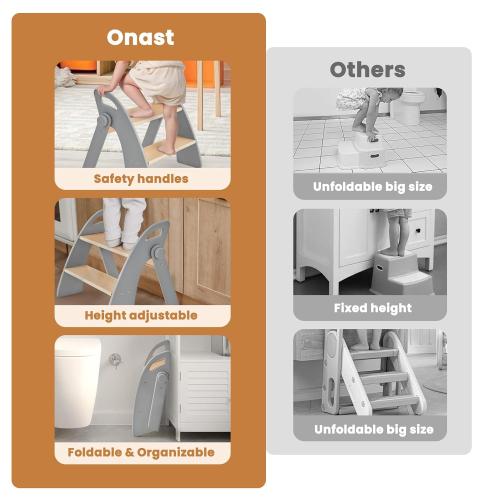 Wooden Step Stool, Two Step Stools, 300 lb. Load Capacity, with Safety Non-Slip Pads and Handles, Bamboo Step Stool for Bathroom and Kitchen, Children's Christmas Gift (Grizzly)